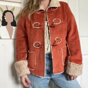 Burnt Coral Faux Suede Jacket with Brass Details